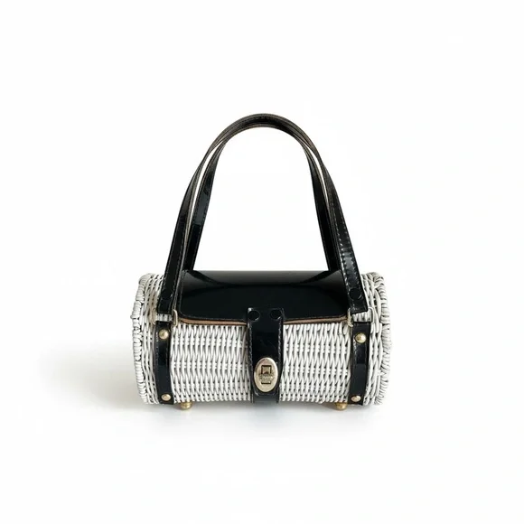 Woven White and Black Cylindrical Handbag - Picture 1 of 11